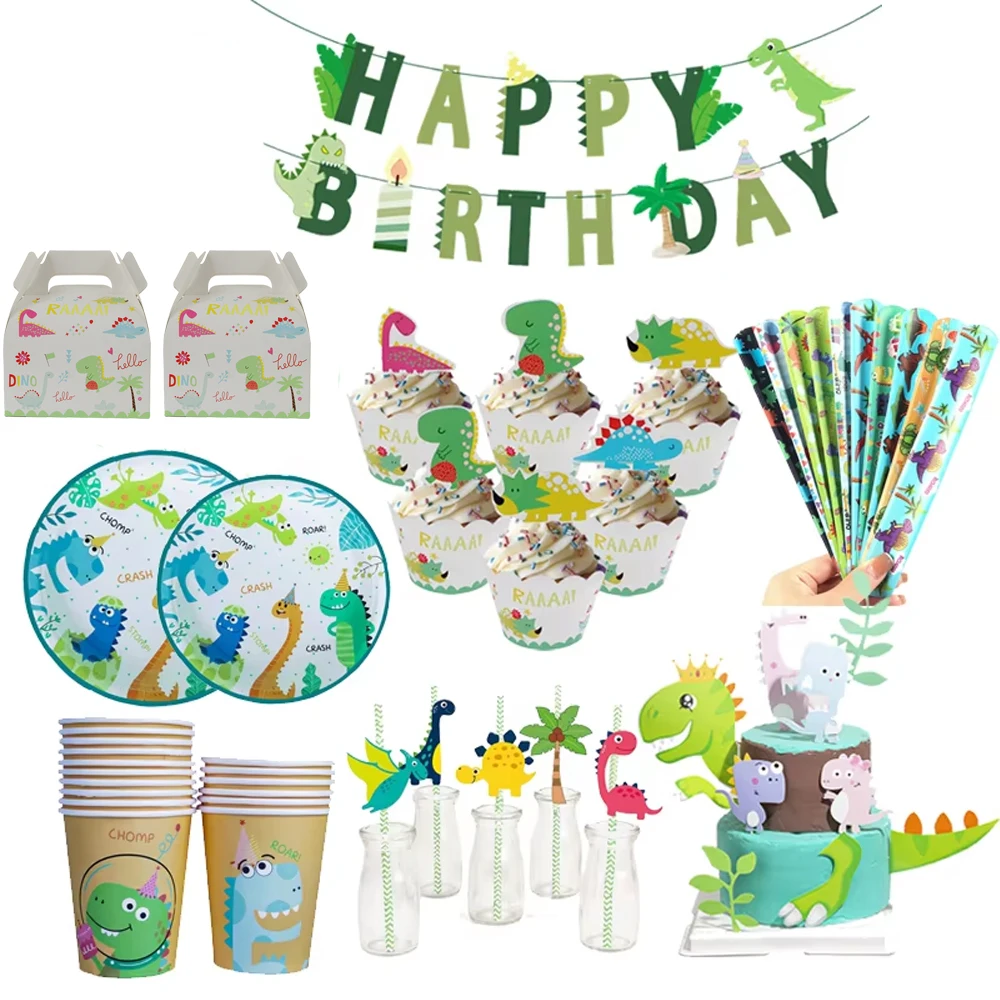 Dino Party Supplies Dinosaur Balloons Paper Straws Cups Plates Kids Boy Birthday Party Decoration Jungle Dinosaur Party Decor