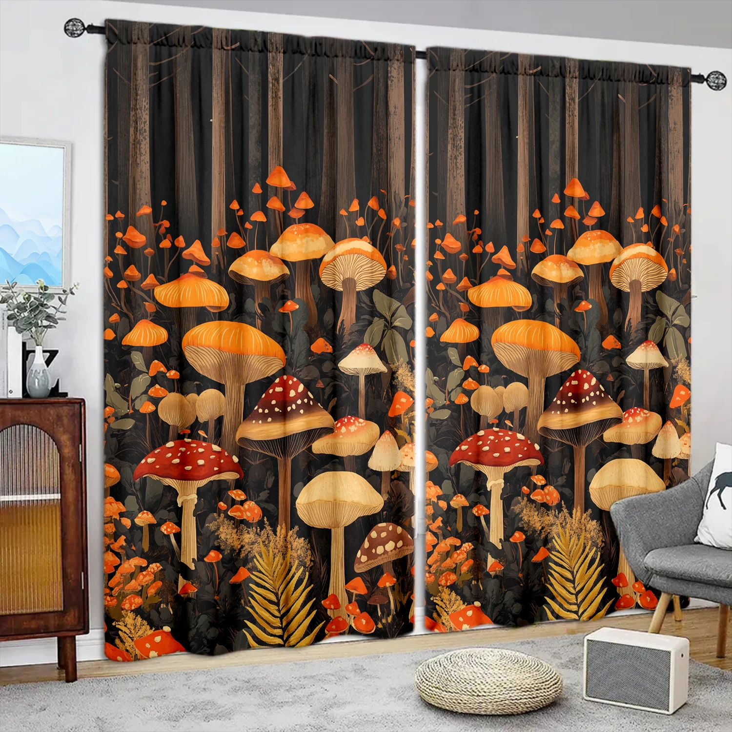 2pcs Mushroom Bush Pattern Printed Curtain for Home Decor - Rod Pocket Window Treatment for Bedroom, Office, Kitchen