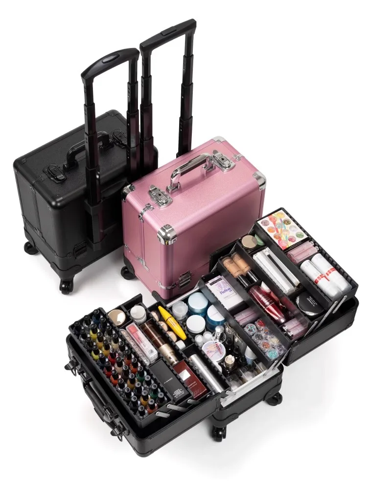 Caja de maquillaje con carrito profesional, estuche de cosméticos bordado, caja de herramientas de seguimiento de artista, Maleta portátil de gran capacidad para manicura de tatuaje