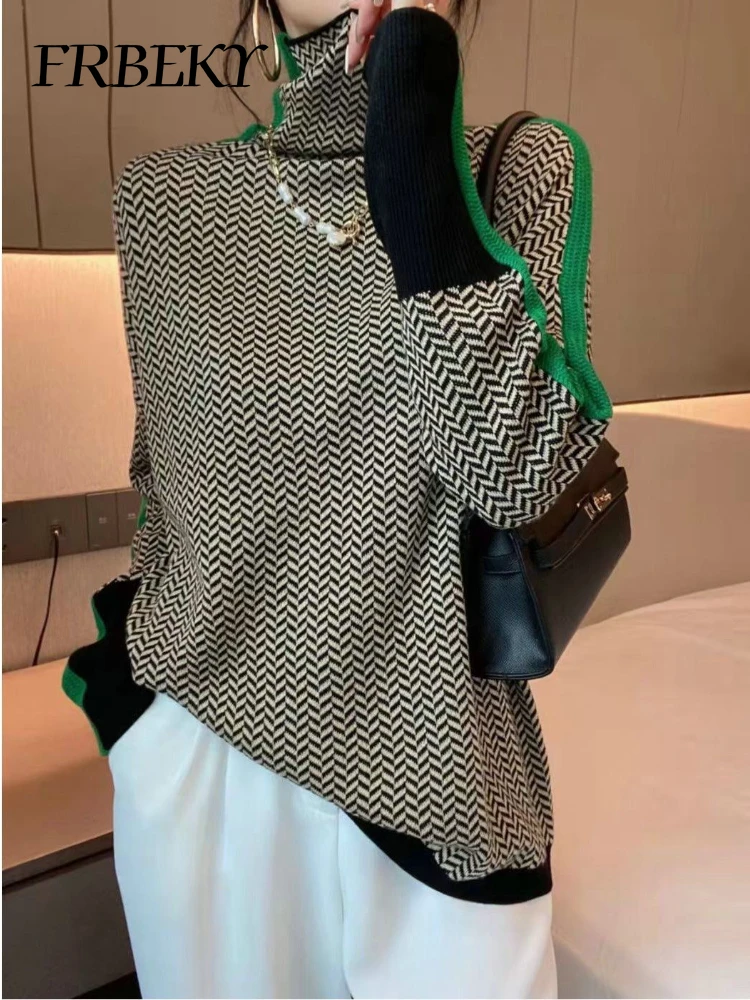 

Свитер женский осенний с длинными рукавами и высоким воротником, цветной клетчатый пуловер, модный универсальный свитер, корейская нижняя рубашка