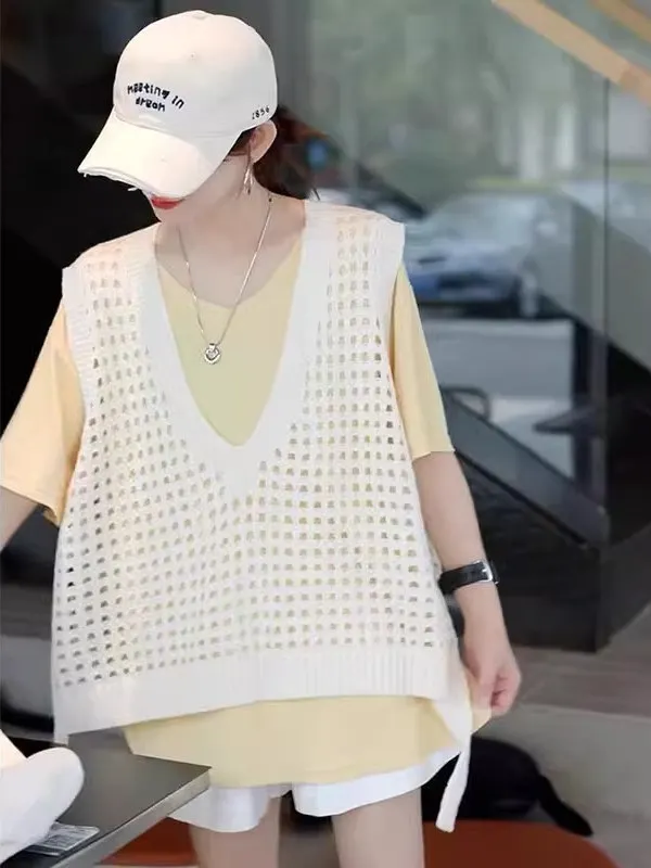 

Laid-ba Sle V-ne Hollow Knitted Vest Women Summer Design Loose Outerwear Svel Layered Top Trendy Pure Color
