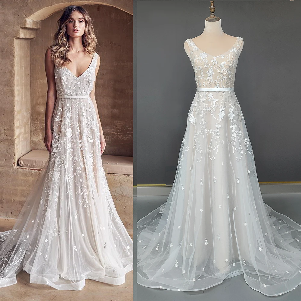 Abito da sposa con scollo A V ricamato floreale principessa Appliques 3D su misura 2022 maniche drappeggiate in Tulle abiti da sposa romantici A Line