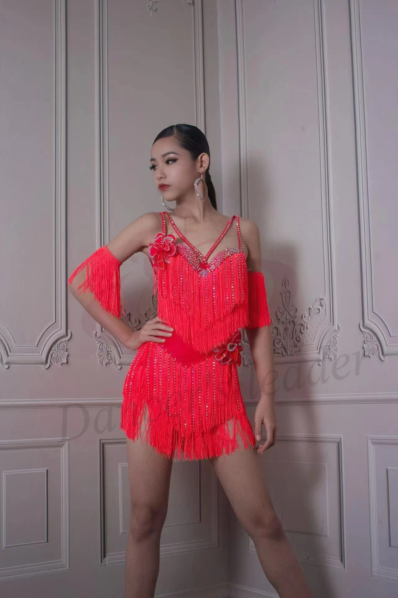 Latin Dance Costume Rhinestone Women High-end Custom Red Flower Accessories Tassel Suspender Samba Performance Dress