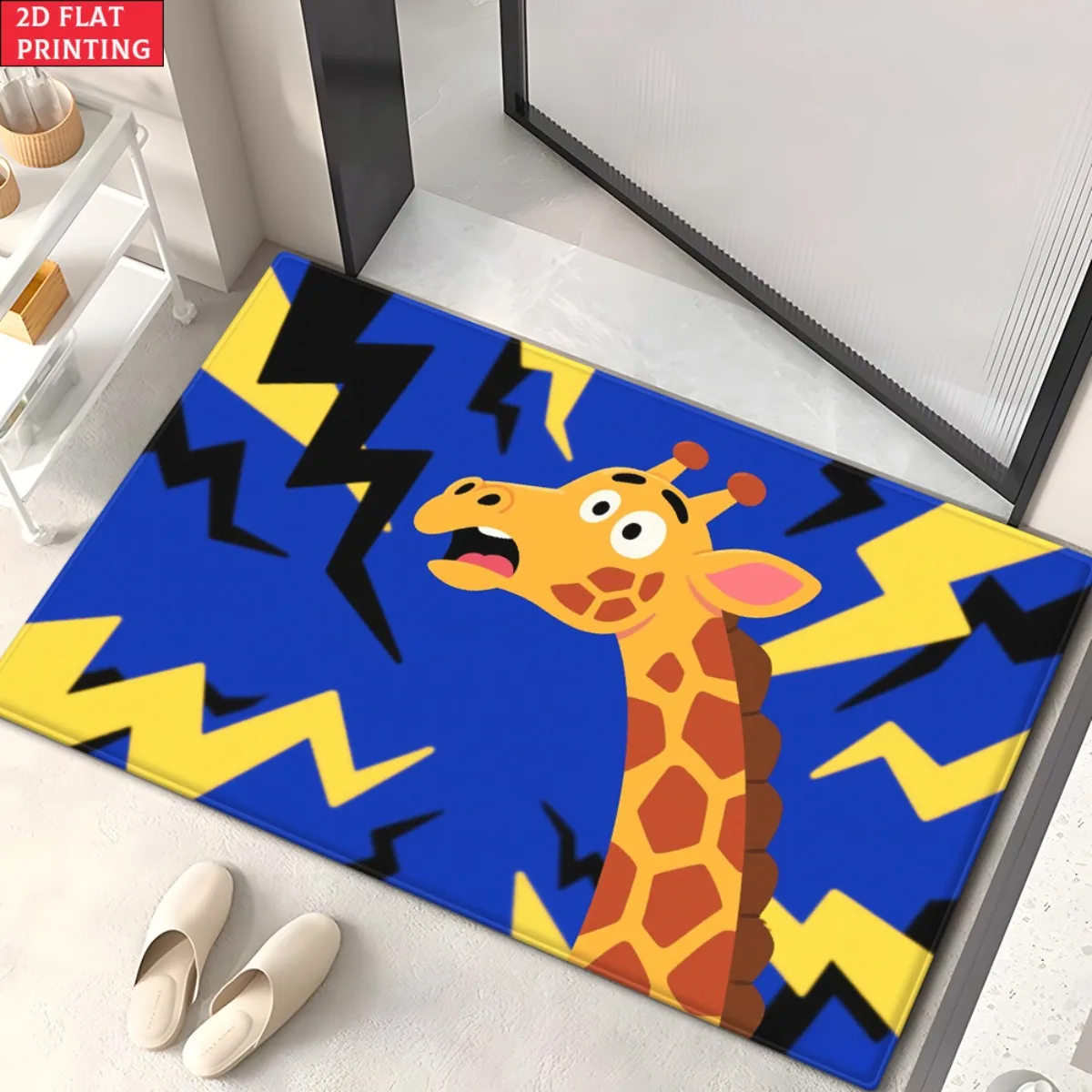 Cartoon Giraffe Lightning Doormat Blue Background Printed Polyester Machine Washable Entrance Floor Mat for Kids Room Bathroom