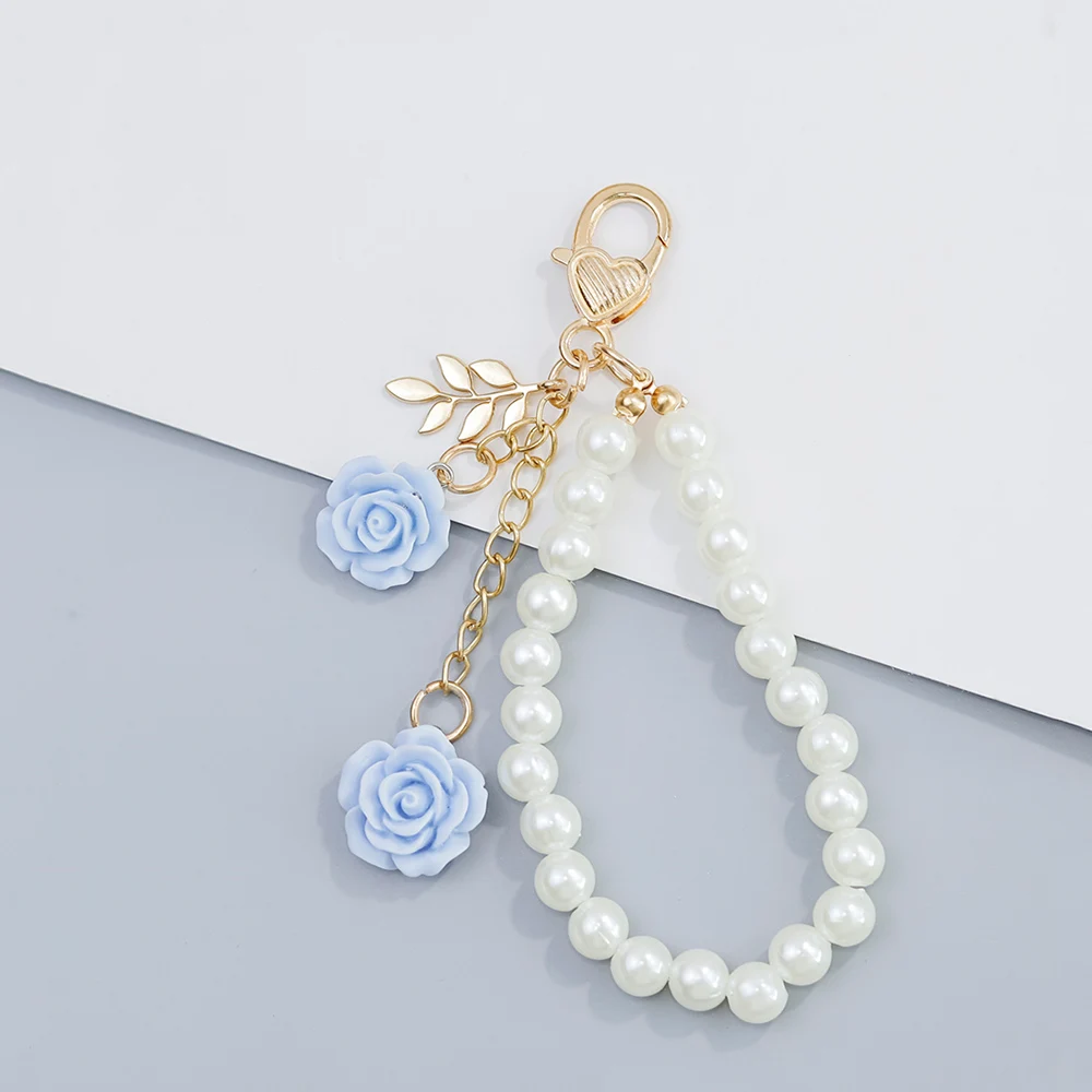 Fashion Rose Tassel Keychains Elegant Imitation Pearl Wristband Keyrings Women Handbag Phone Ornaments Accessories Jewelry Gifts