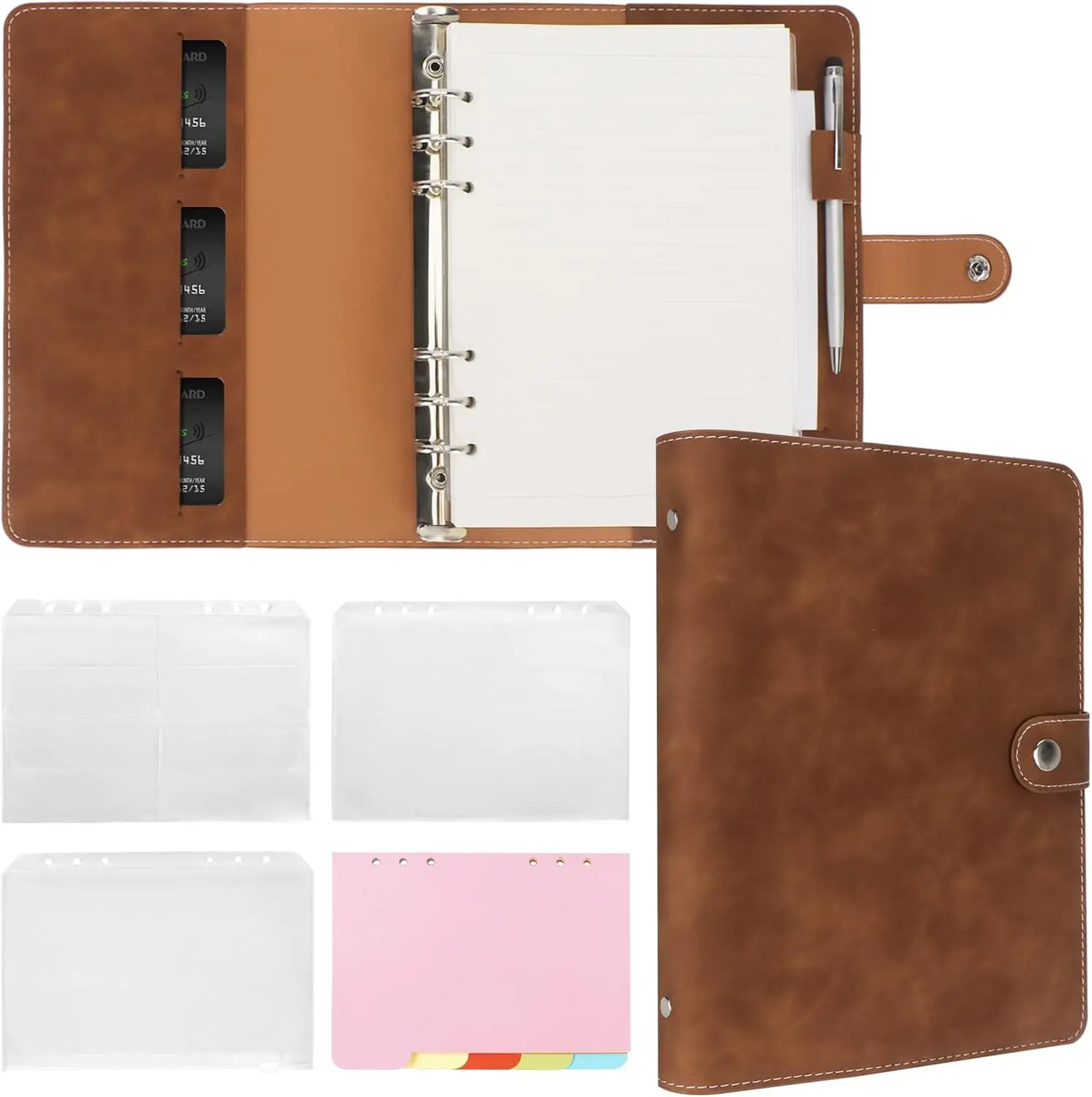 

New Leather A5 Binder 6 Ring Binder Notebook - PU Leather Refillable Notebook with Binder Pockets, Dividers, Refill Paper