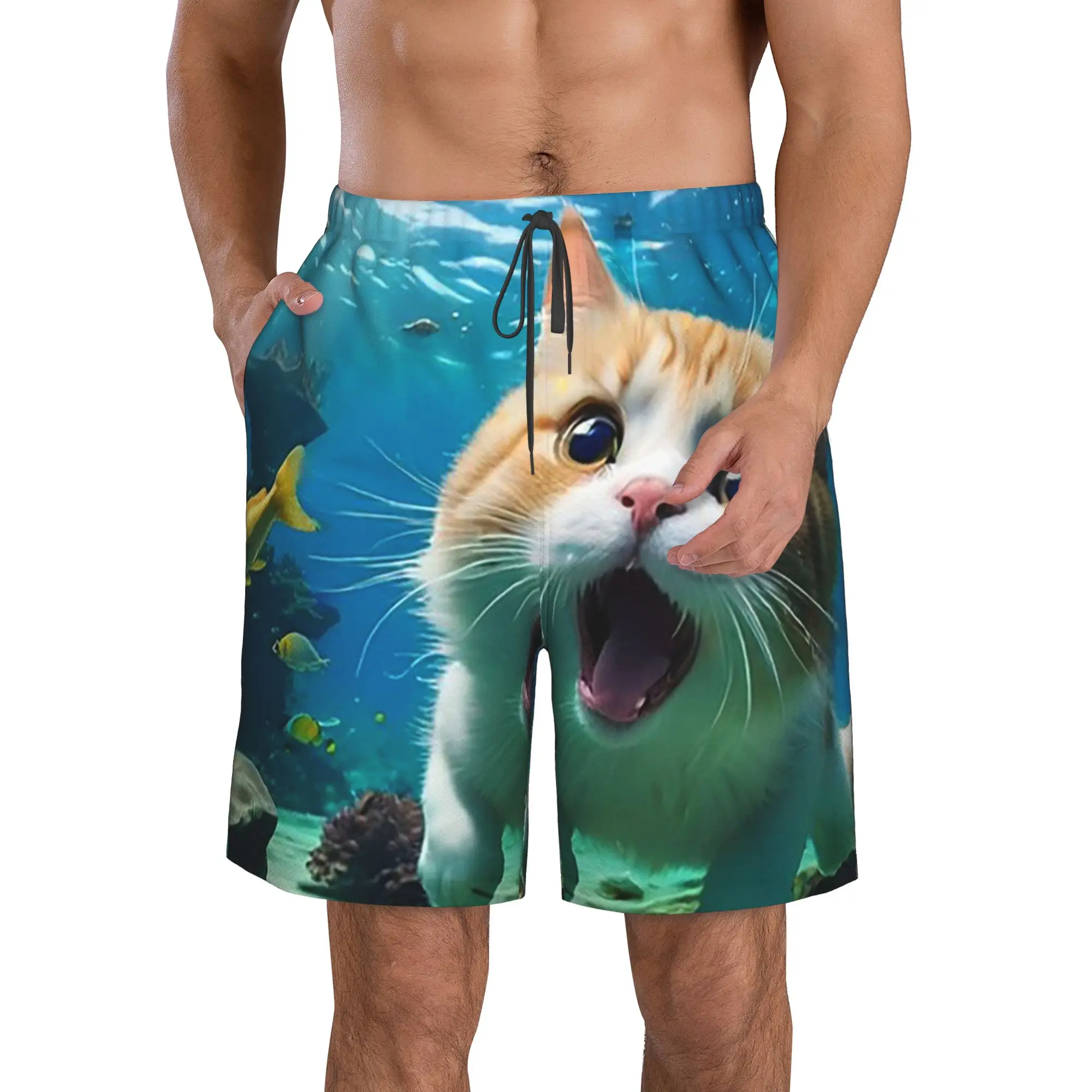 Orange Cat Swimming In The Water Trunks Beach Board Shorts Casual Quick Dry Swimming Summer Men Pants