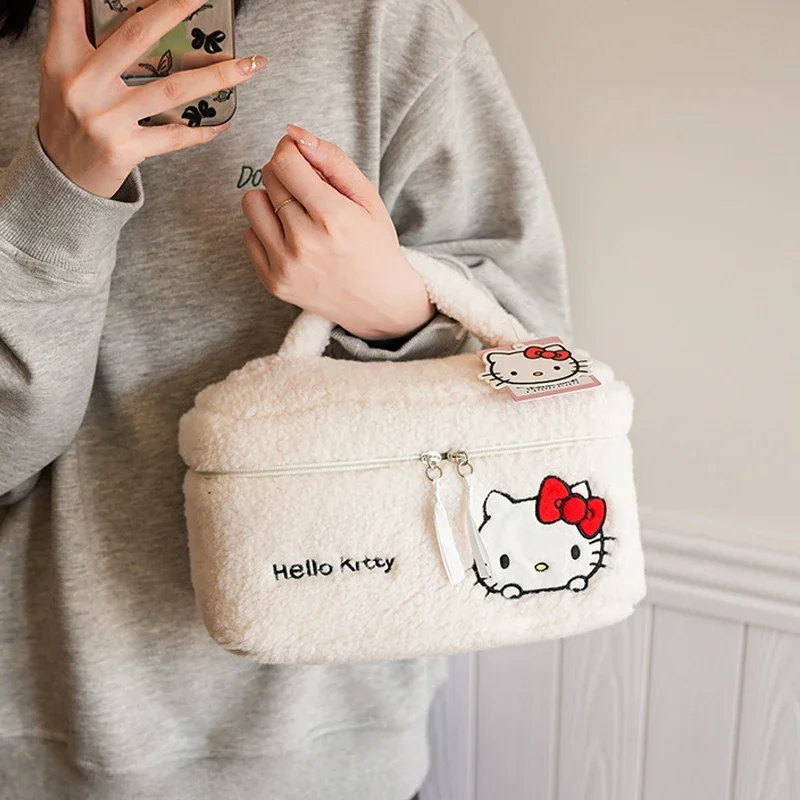 Autumn/Winter Sanrio New Hello Kitty Teddy Velvet Embroidered Makeup Bag Cartoon Large Capacity Premium Plush Material Storage