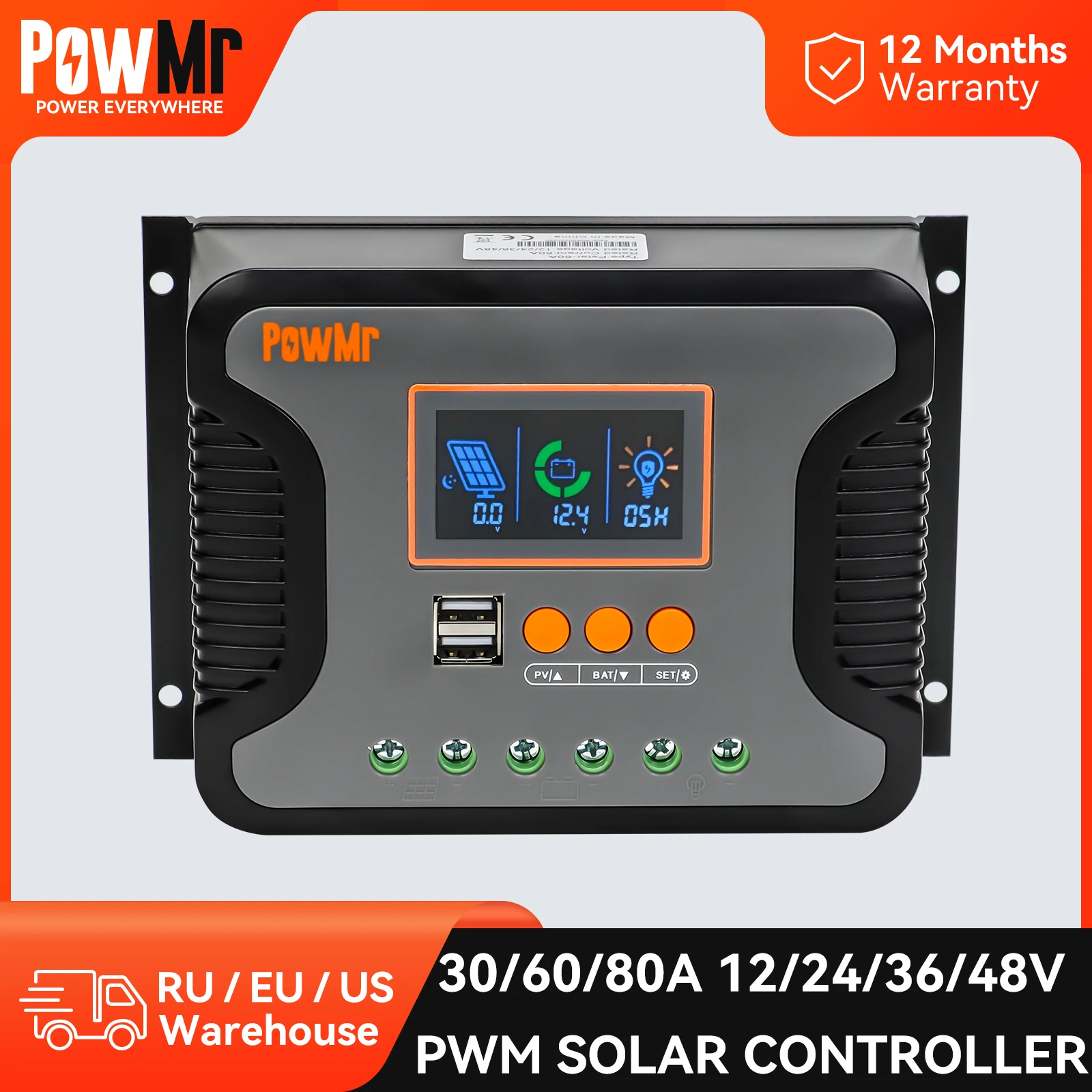 powmr solar bateria regulador controlador de carga temporizacao e luz controle duplo suporta 14 tipos de bateria 30 a 60 a 80a pwm 12 v 24 v 36 v 48v 01