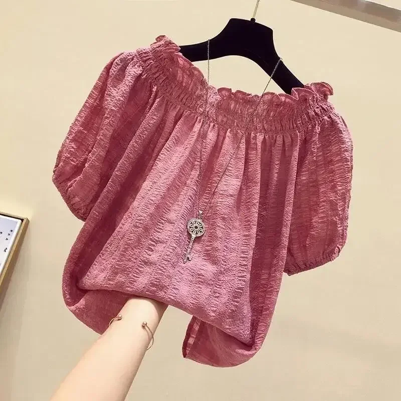 Rose Red Casual Slash Neck Puff Sleeve Chiffon Pullover Women's Blouse Shirt Female Clothing Tops Fashion Short Blouses 2024