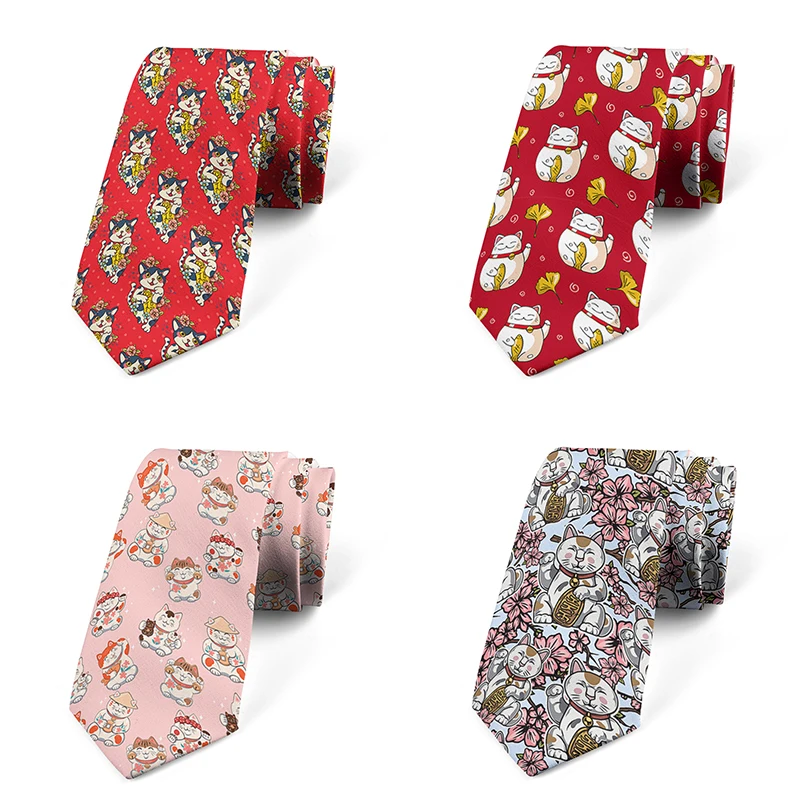 New Men  Women Polyester Tie Cute Cartoon Lucky Cat Printing Color Novelty Fashion Necktie 8CM Slim Holiday Party Gift Gravatas