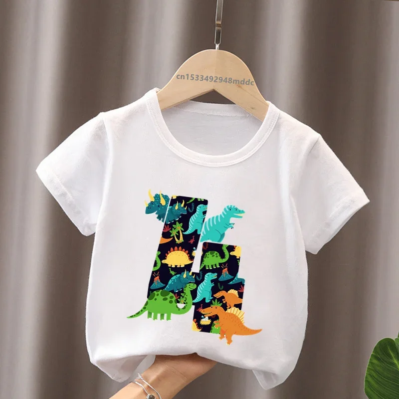 Different Dinosaur Tyrannosaurus Rex Birthday Number Bow Kids T shirt 1 2 3 4 5 6 7 8 9 Years Girls Clothes Baby Boys T-Shirts