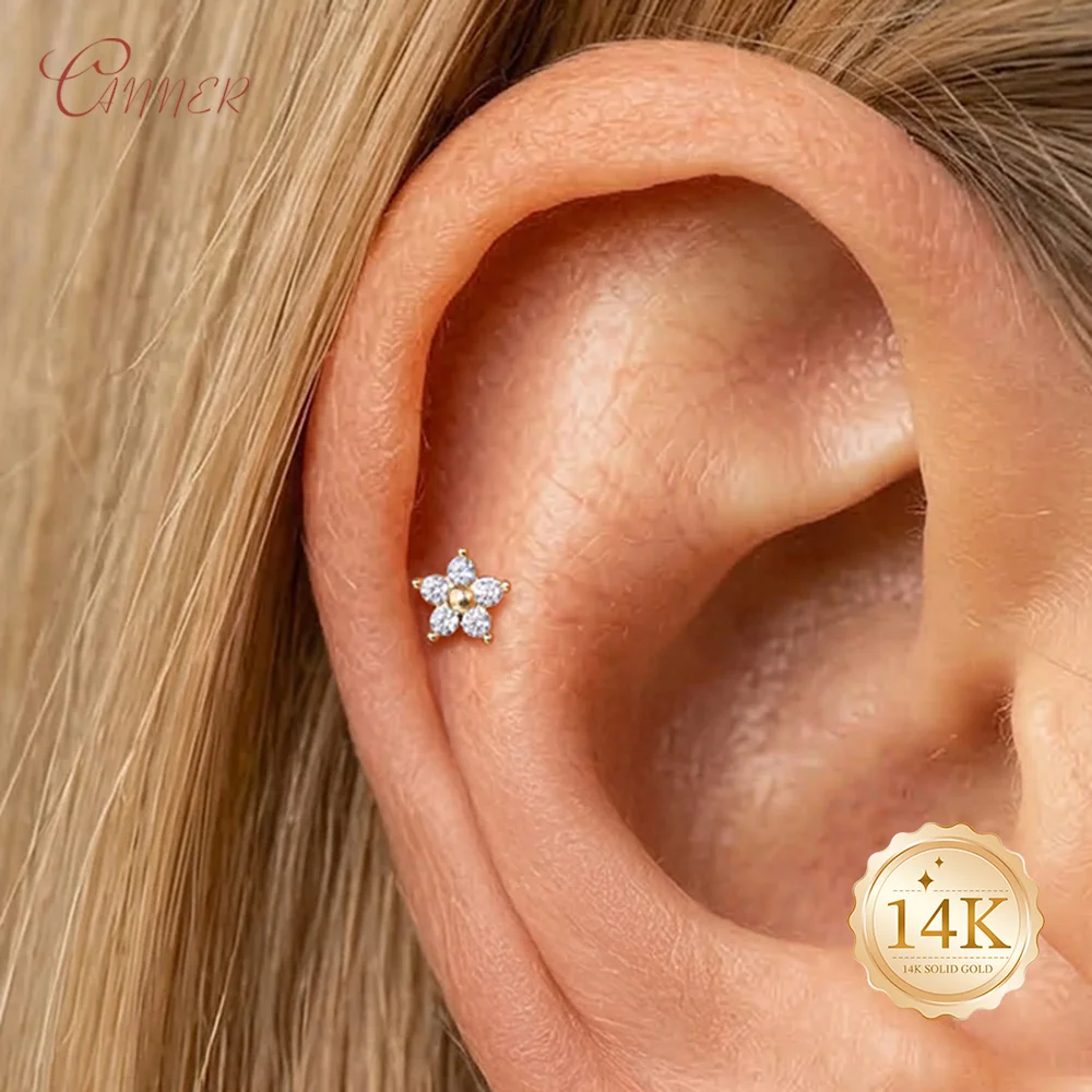 

CANNER 14K Solid Gold Single Minimalist Floral Diamond Studded Flat Head Piercing Earring Sparkling Classic Trendy Jewelry Gift