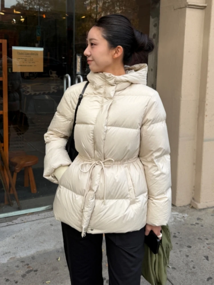 

2025 New Women's Hooded down Jaet Mid-Length Waist-Cinching Dstring 90 White Du down Thi Warm Outerwear