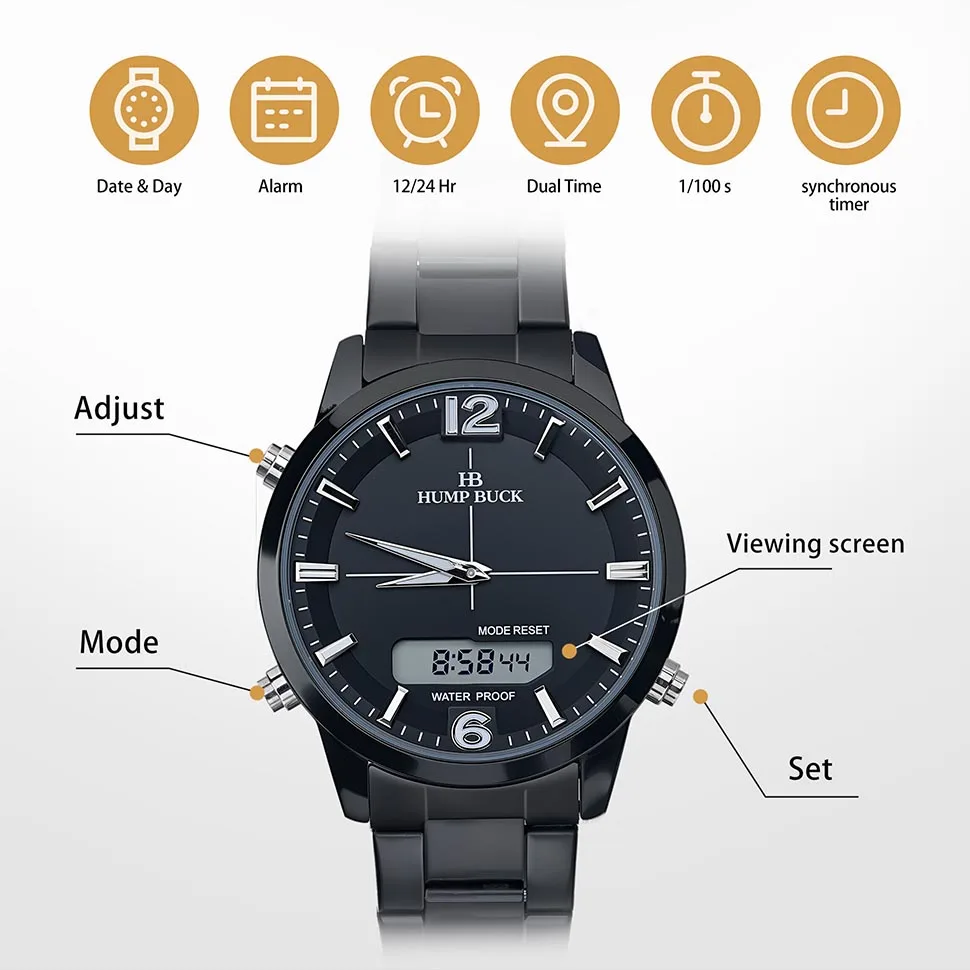 HUMPBUCK Orologio da polso impermeabile da uomo con doppio orario e display digitale Orologio sportivo multifunzionale in stile militare