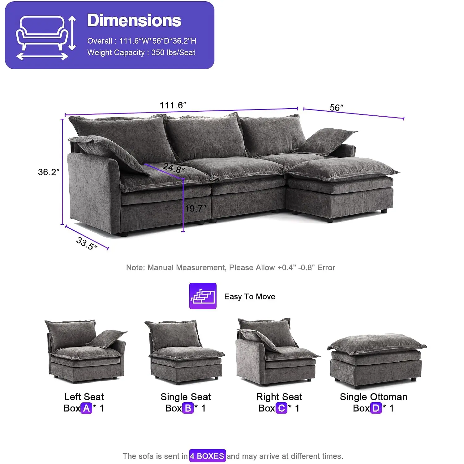 112 Inch Dark Grey Cloud Sectional Couch - Wide Pillow Edge, Chenille Comfy Upholstered, 3 Seater Modular Sofa with, Customized