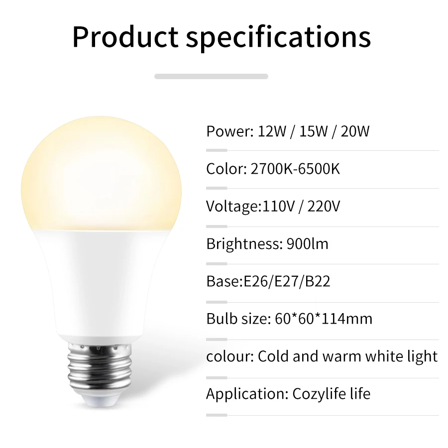 와이파이 스마트 LED 전구, 주방 침실 램프, Cozylife 앱 제어, 알렉사 구글 홈으로 작동, 12W, 15W, 20W, 110V, 220V, E27