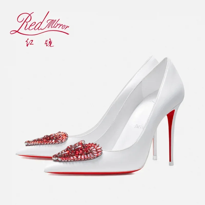 Red Bottom Love Water Diamond Shallow Mouth Pointed White High Heels, Women\'s Style Mingyuan Slim Heels