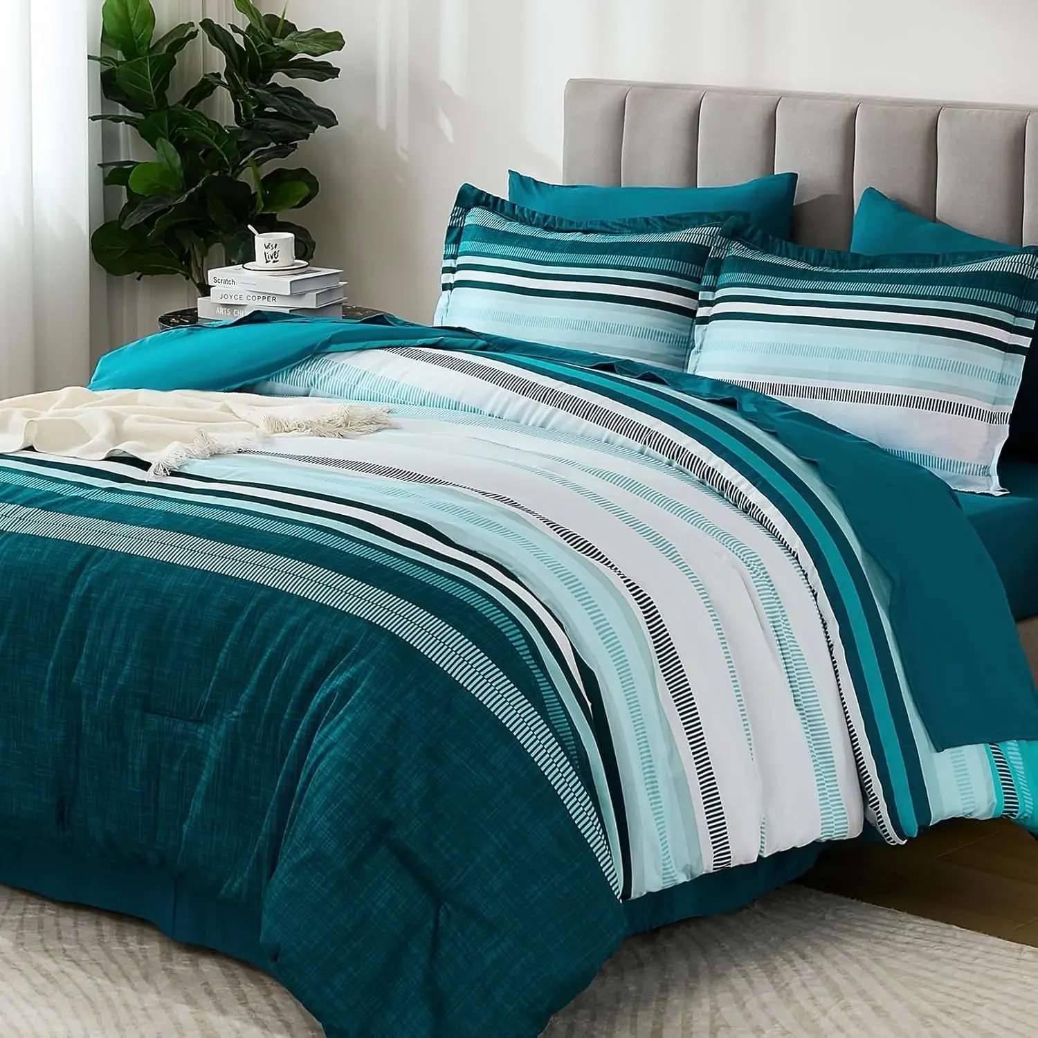 

Комплект постельного белья Teal Queen, 7 предметов, синее бохо-постельное белье в полоску из микрофибры, всесезонное, обеспечивающее комфорт.