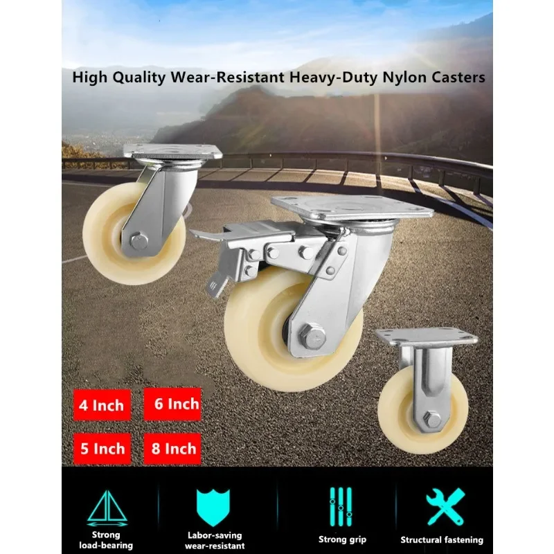 

1 Pc 4 Inch Heavy-duty Nylon Casters Fixed/Universal/Brake Wheels Industrial Flat-plate Hand-propelled Trailers Load 250kg