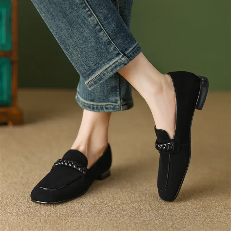 NEW Spring Sheep Suede Loafers Women Shoes Female Square Toe Pumps French Elegant Summer Shoes for Women Zapatos Para Mujer