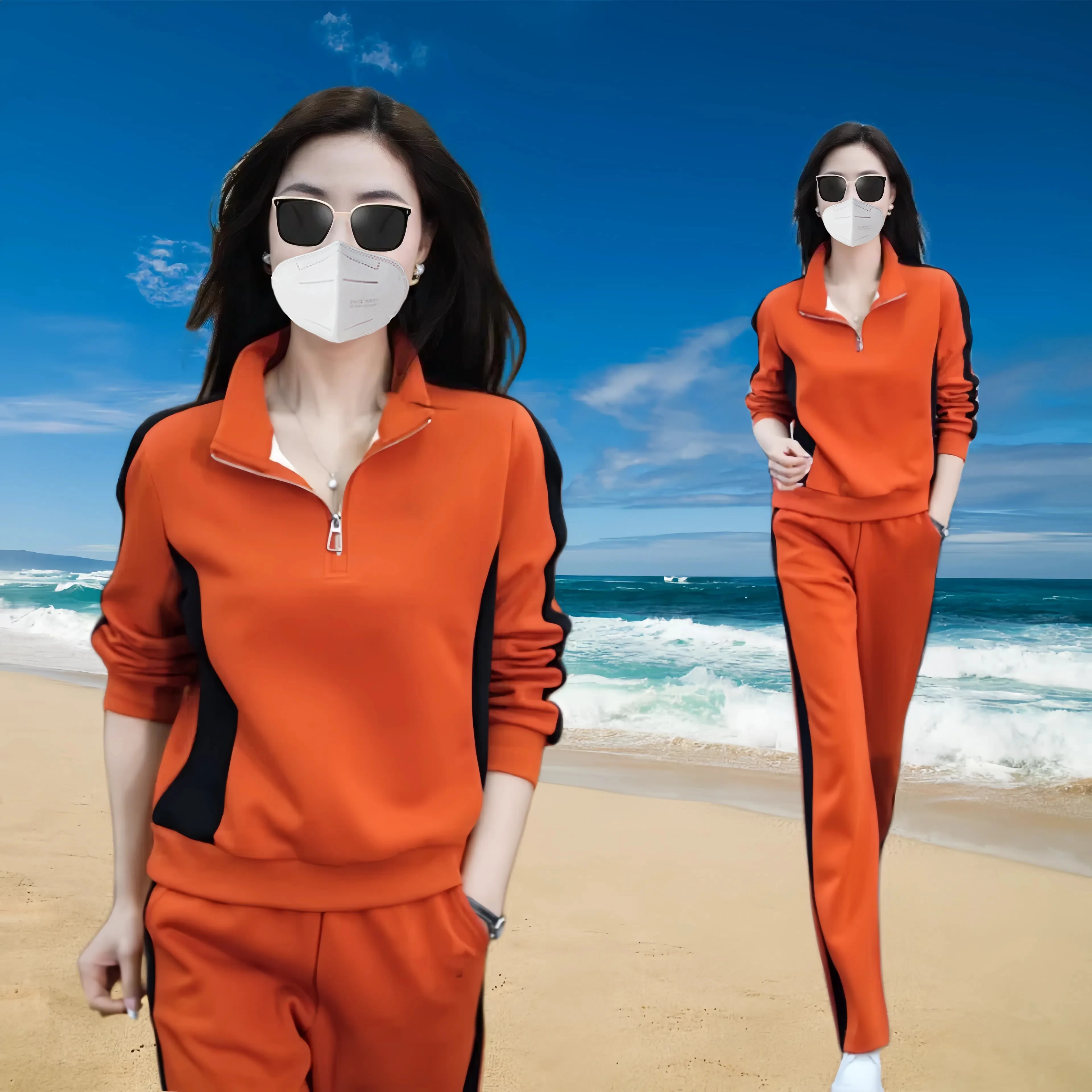 Casual sports suit for women spring and autumn 2024 new fashion stand-up collar sweatshirt wide-leg pants two-piece set