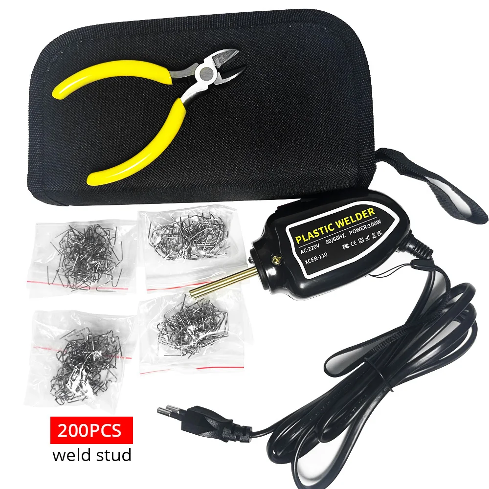 100w-プラスチック溶接機キット、溶接ガン、プライヤー、200個の溶接釘、車のバンパーのプラスチック損傷修理ツール付き