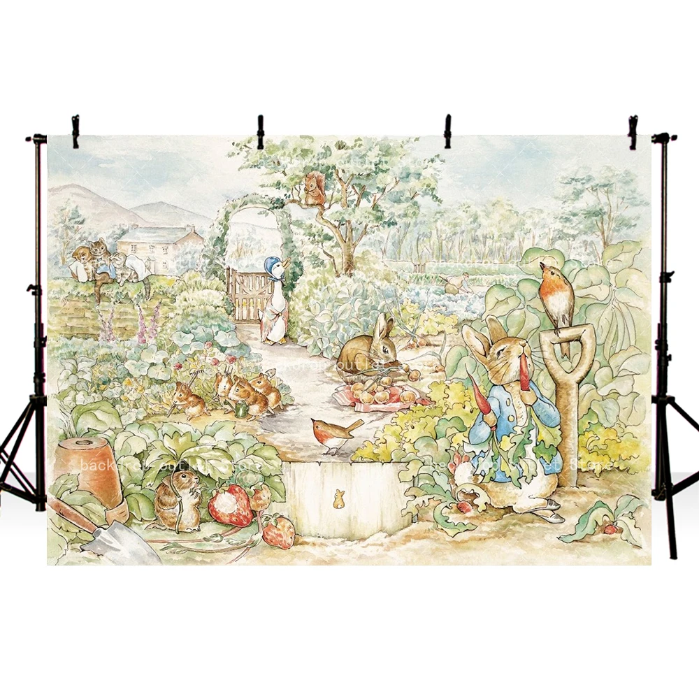 Mehofond Easter Cartoon Rabbit Backdrop Garden Scene Bunny Spring Animals Party Home Decorations Photo Background