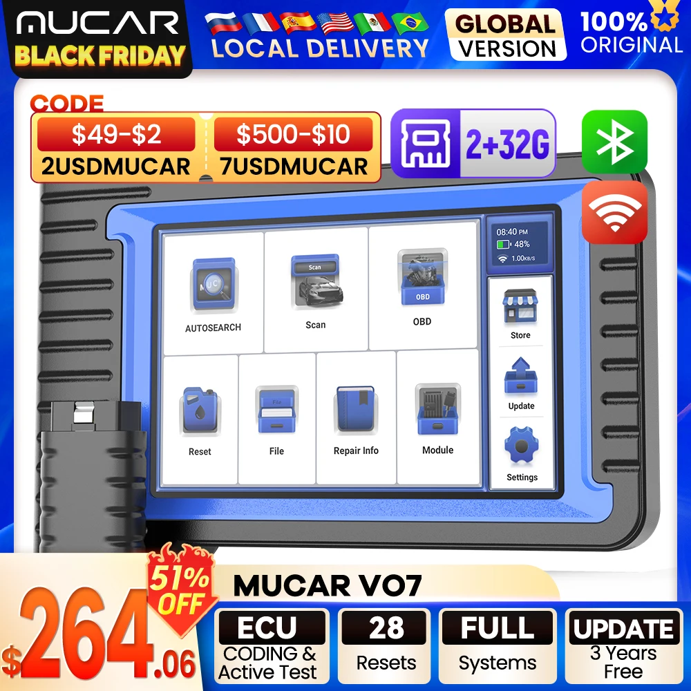 MUCAR VO7 All System Car Diagnostic Tool OBD2 Scanner 28 Resets Car Diagnostic Scanner ECU Coding Bi-directional Scan Tool 2024