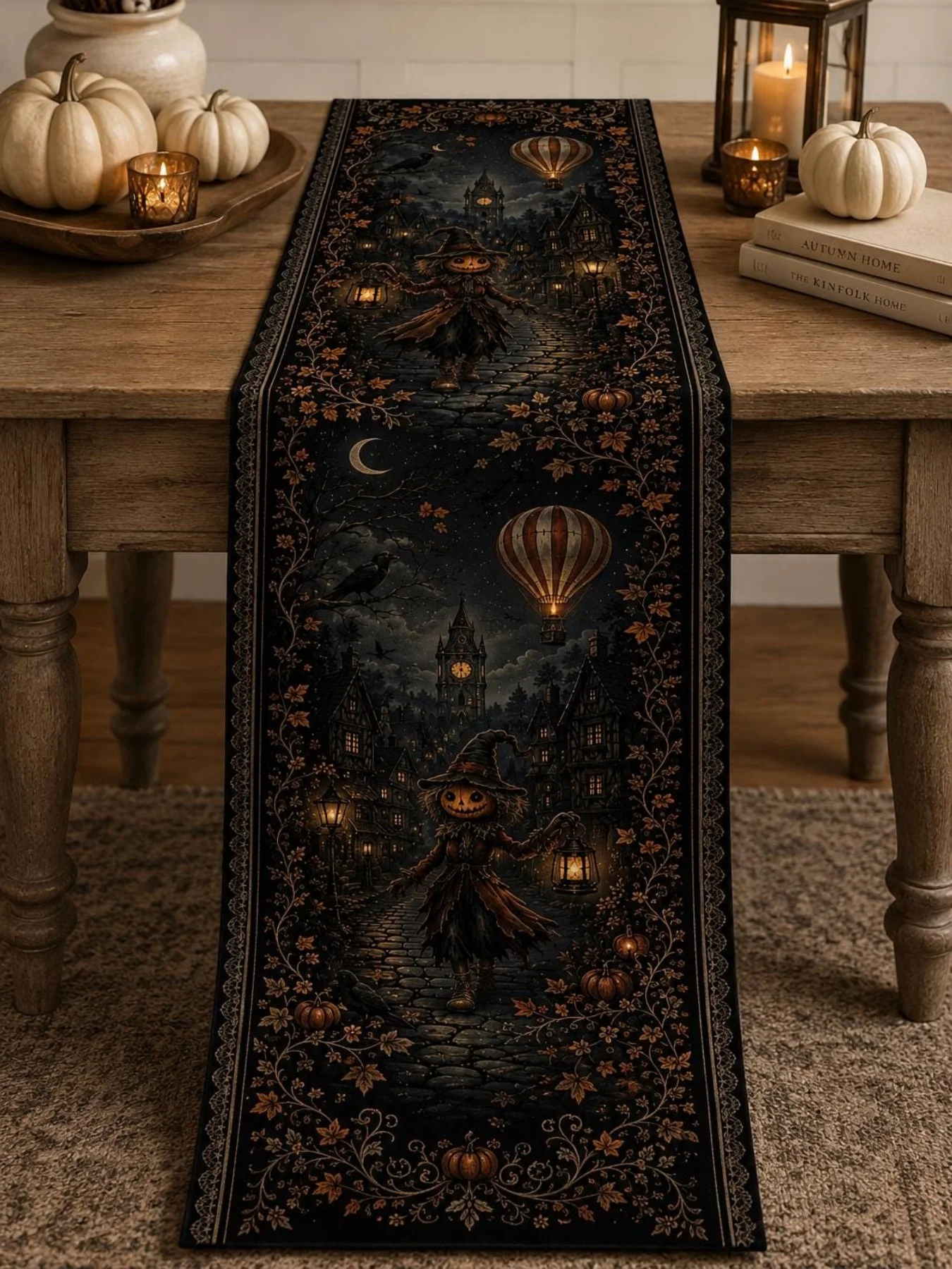 Dark Haunted Village Halloween Table Runner,Gothic Halloween Table Decor,Gothmas celestial decor bridging Halloween into Christm