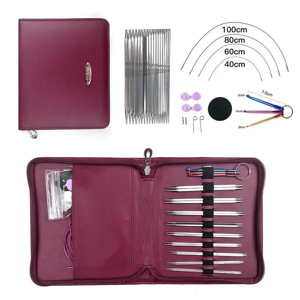 Stainless Steel Circular Knitting Needles Set 2.5-5.0mm Interchangeable Crochet Hooks Weaving Yarn Craft Tools Accessories Kit