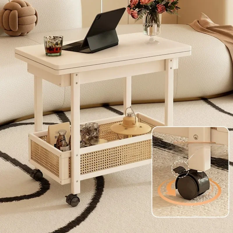 Foldable Bamboo Storage Desk with Rolling Cart | Multifunctional Modern End Table for Living Room, Study & Small Spaces