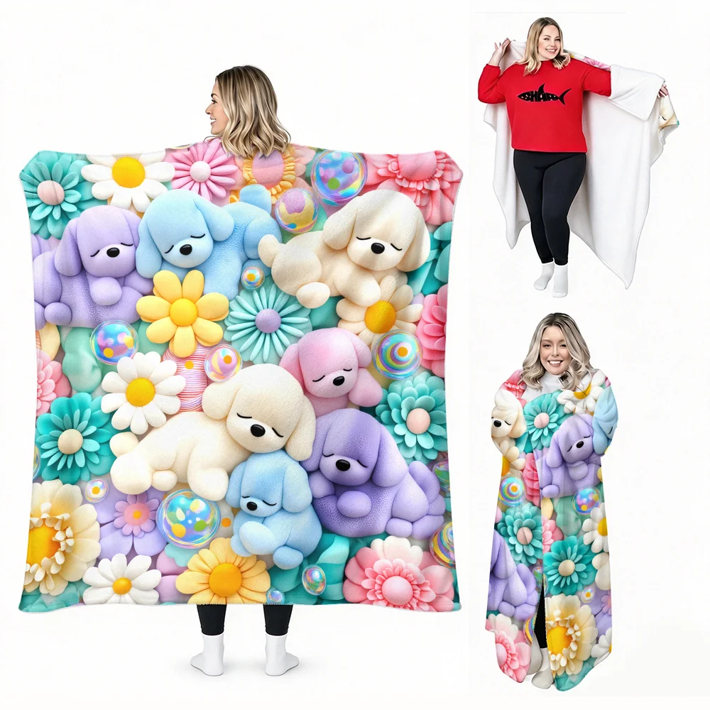 1pc Cute Puppy and Flower Wearable Blanket-Soft and comfortable, unisex, great for everyday use and gift giving