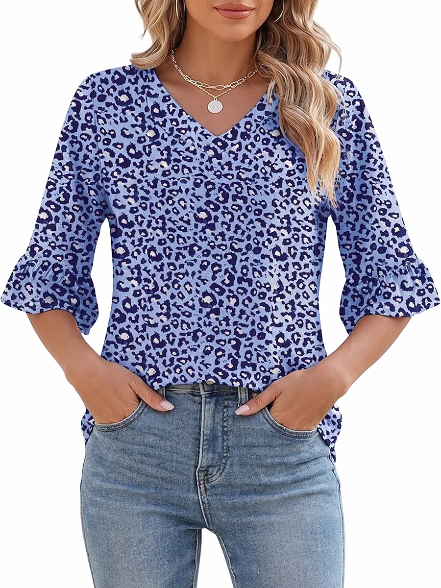 Blue Leopard Print Women V-Neck Blouse 3/4 Flare Sleeve Casual Top Shirt Summer Autumn Fashion Soft Breathable Elegant Streetwea