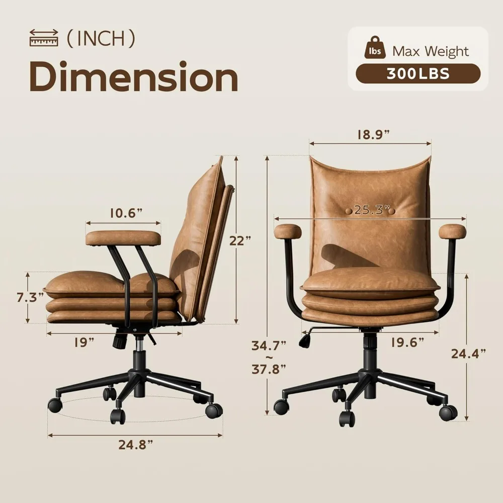 เก้าอี้สำนักงานหนังสีน้ำตาลมีล้อ ที่นั่งกว้างหนาสามชั้น ปรับความสูงได้ เก้าอี้ทำงานสไตล์โมเดิร์นยุคกลาง นั่งสบาย