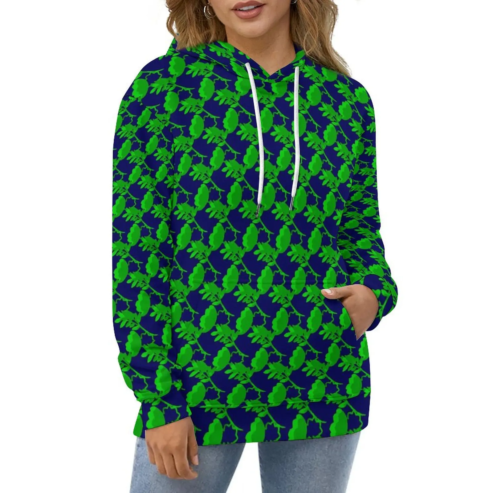 Sudaderas con capucha informales con estampado de plantas, ropa de calle Kawaii de manga larga con hojas verdes, diseño de gran tamaño, otoño