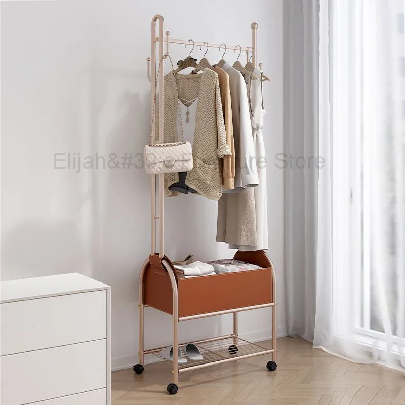 

Light Luxury Movable Clothes Rack With Wheels Home Wardrobe Furniture Leather Storage Basket Coat Hanger for Bedroom Dormitory