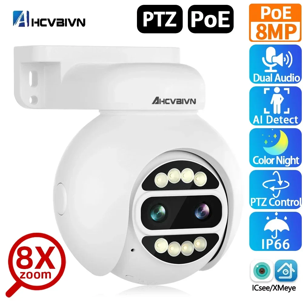 AHCVBIVN Outdoor 8MP Dual Lens PTZ POE Camera 8X Hybrid Zoom 2.8+12mm 4K Security IP Camera Human Detection Surveillance Camera