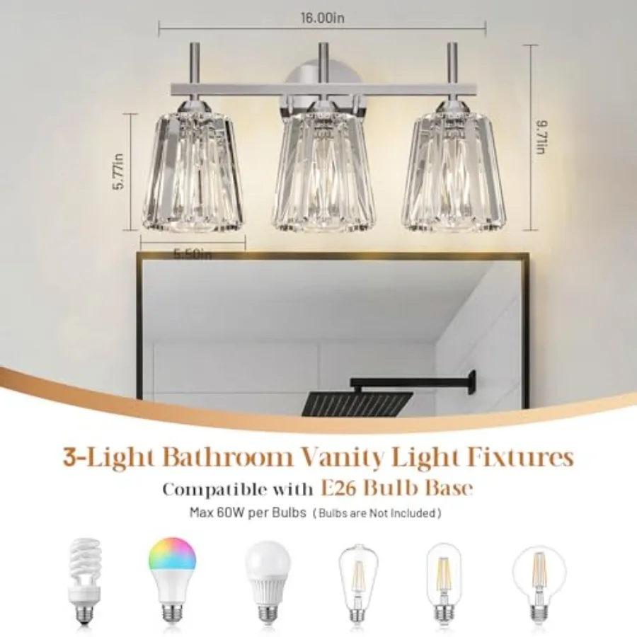 Crystal Bathroom Light Fixtures Over Mirror, 3-Light Bathroom Vanity Lights Over Mirror Modern Wall Lighting Sconces with Ceram
