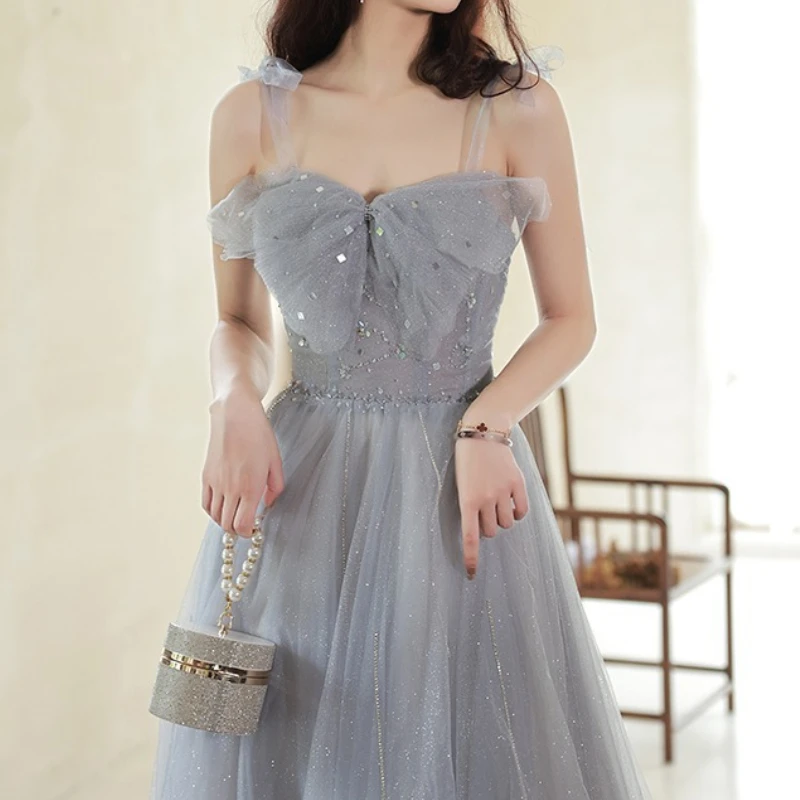 Customized French Sling Bow Lace Up Sleeveless Long Mesh Tiered Princess Dress Front Bow Sequin A-line Vestidos Backless Straps