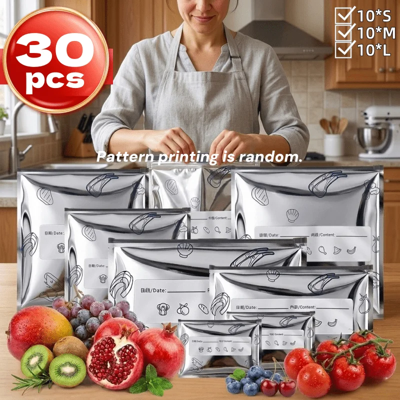 30Pcs Reusable Heavy Duty Aluminum Foil Storage Bags 3 Sizes Mixed Random Pattern Food Grade Seal Bags Freezer Food Organizing K