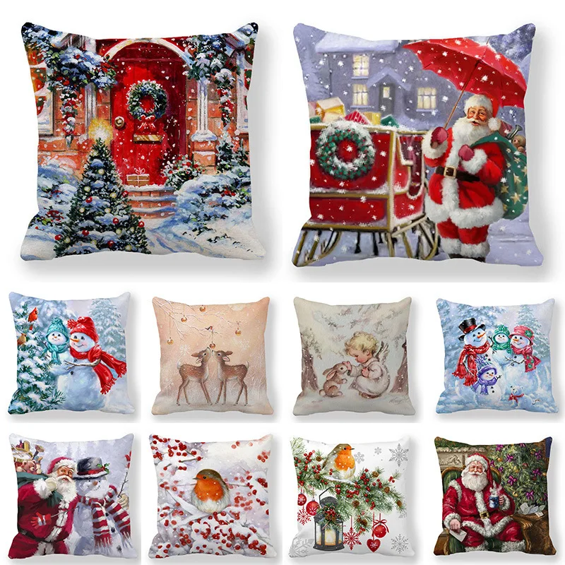 

Merry Christmas Cushion Cover Gift Santa Snowman Angel Reindeer Robin Printed Pillow Cover Winter Home Decor Pillowcase for Sofa