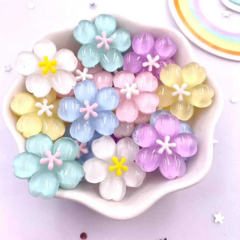 10PCS Resin Kawaii Colorful Glitter Cherry Blossoms Flatback Stone Flower buttons Scrapbooks DIY Bow Crafts Decor Accessories