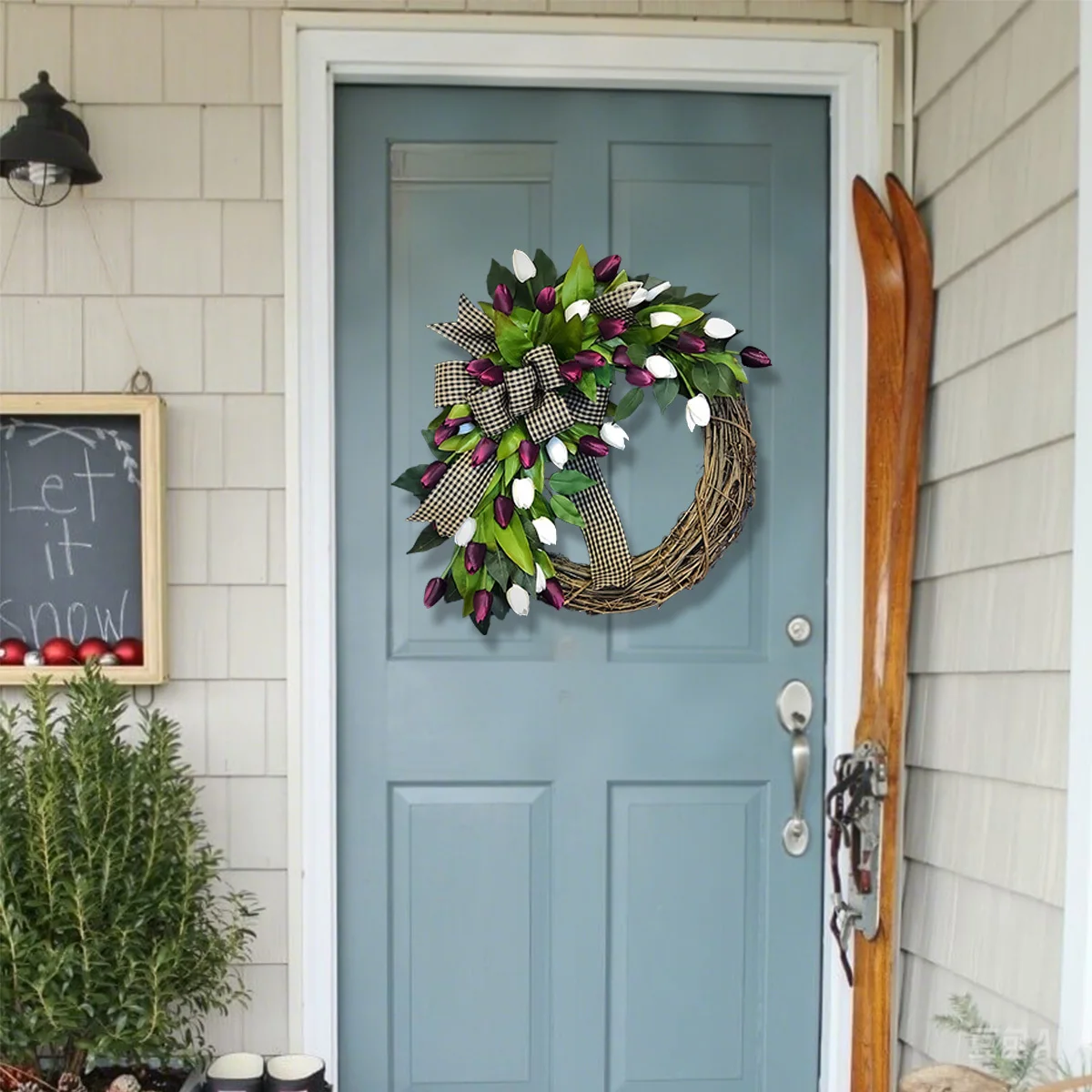 

2Pcs Tulip Wreath for Front Door, 13.7in Spring Summer Silk Wreath with Green Leaves and Plaid Bow Artificial Tulip