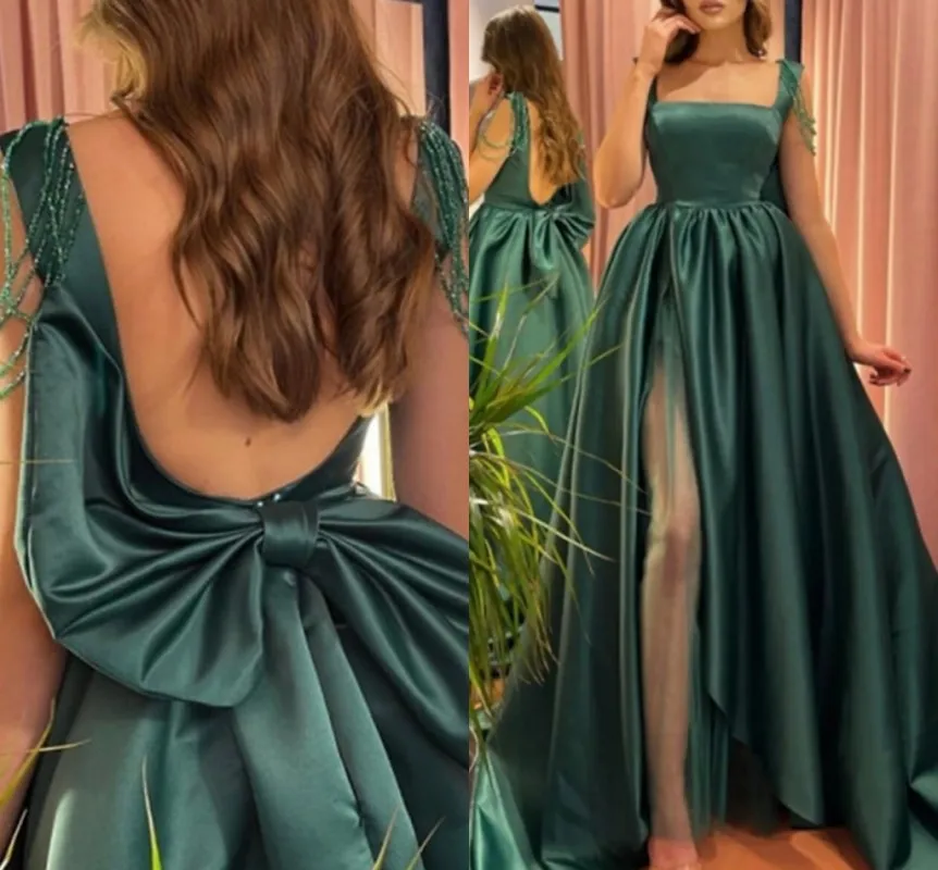 Groen A-lijn Vrouwen Prom Formele Jurk 2023 Vierkante Hals Bandjes Backless Kwastje Slit Satin Avond Party Jurken Robe De Soiree