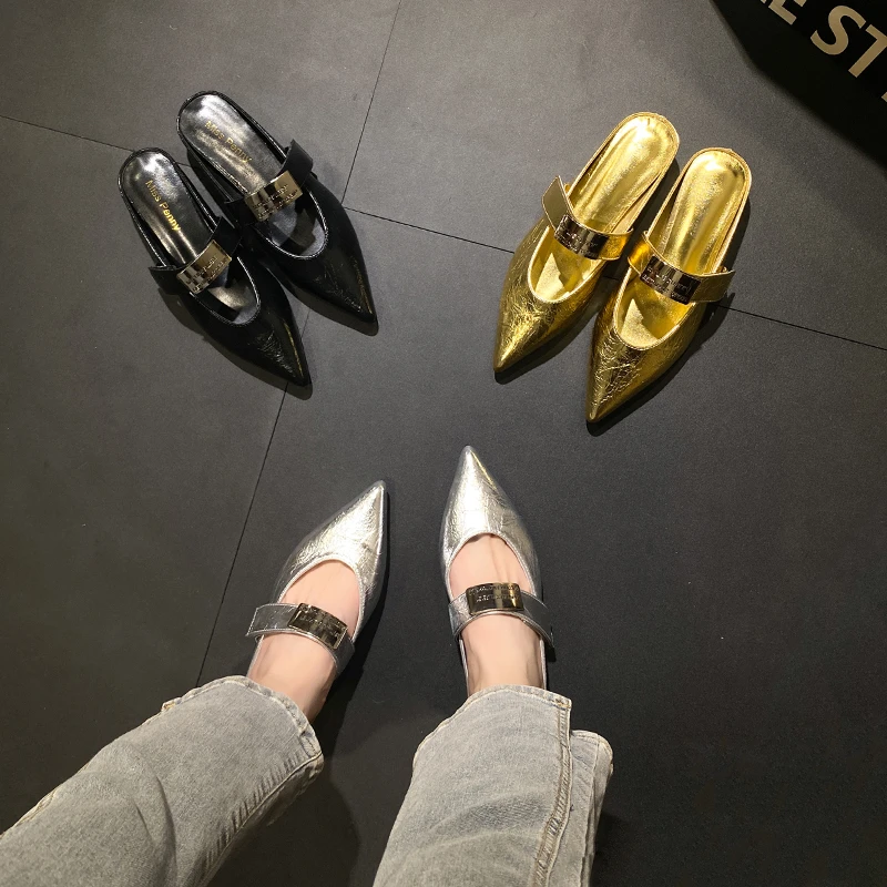 

Весна-Осень 2024, женские туфли без шнуровки на высоком каблуке с острым носком во французском стиле, модные модные тапочки на низком резиновом каблуке