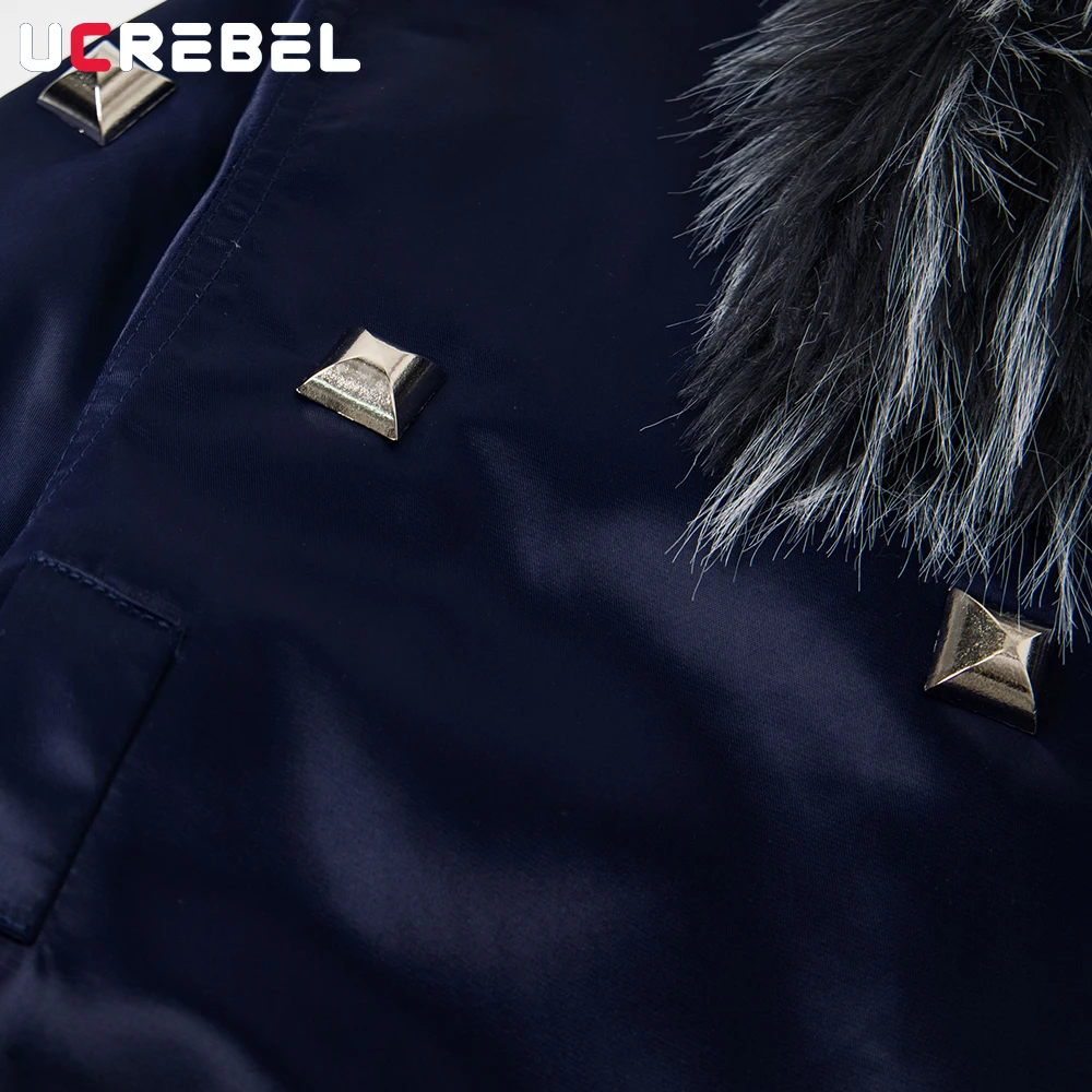 Solid Color Spliced Quilted Jacket Mens with Rivets Winter Retro High Street Long Sleeve Fur Collar Padded Jacket Man