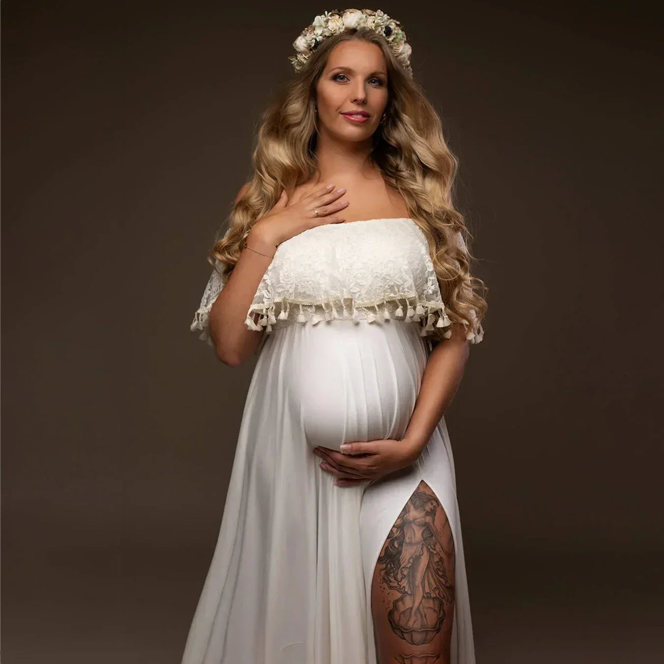 

Shoulderless Tassel Pregnant Woman Photography Dresses Milk Silk Long Floor Party Pregnant Women Photo Dress Maternity Costumes