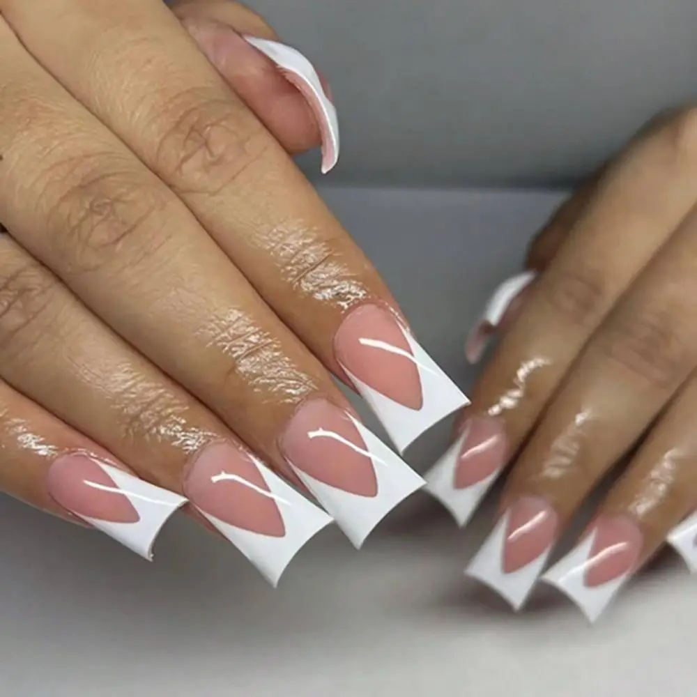 Длинные утиные ноги Fan Flare Tips Duck Nail Tips Французские простые утиные ноги Fan Flare Tips Черно-белые края Съемные типсы для ногтей DIY