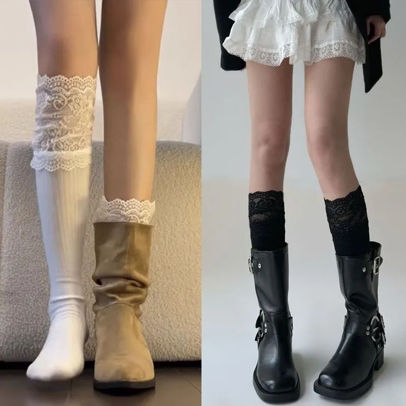 Solid Color Sexy Lace High Stockings Black White Lower Leg Socks for Girl Boot Accessories Women Autumn Lace Cute Lolita Stockin